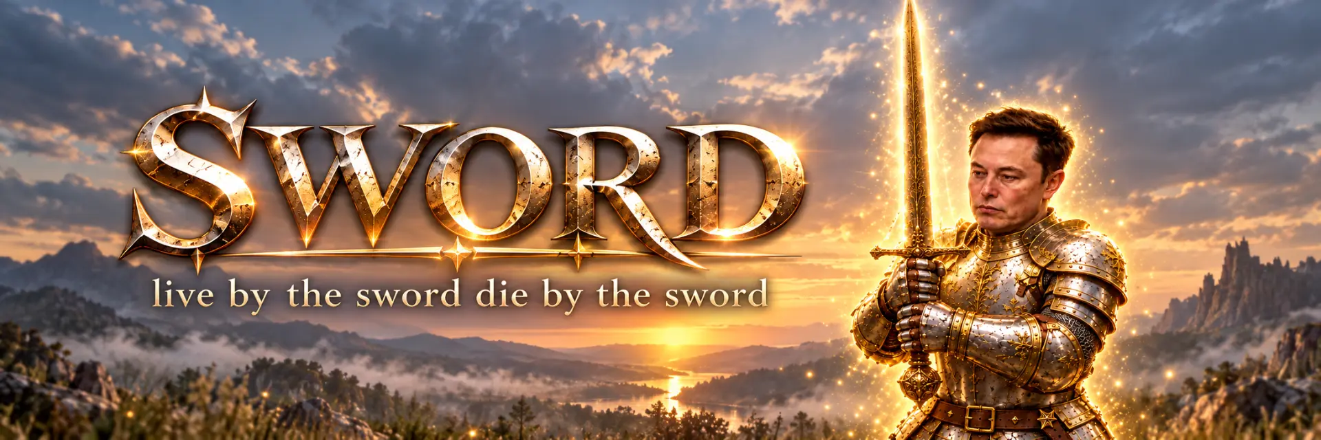 SWORD banner: knight with glowing sword above a misty valley